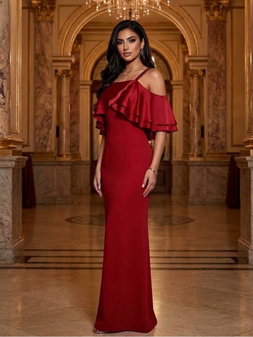 Adrianna Papell Red Cold Shoulder Jeweled Straps Back Slit Long Formal Dress 10